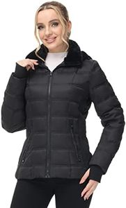 Another Choice Women Winter Down Puffer Jacket, Hooded Women Winter Down Jacket Quilted Puffer Coat with Faux-Fur Hood and Collar(Black,Small)