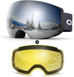 Odoland Magnetic Interchangeable Ski Goggles with 2 Lens, Large Spherical Frameless Snow Snowboard Goggles for Men Women, Black Frame Sliver Lens vlt 15%
