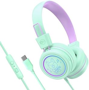 MEE audio KidJamz KJ55 Safe Listening USB-C Headphones for Children with Multicolor LED Lights, Volume Limiter, & Microphone; On-Ear Wired Kids Headset for iPhone 15, iPad, & USB Type C Devices (Mint)