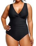 Aqua Eve Women Plus Size One Piece Swimsuits Tummy Control Bathing Suits V Neck Ruched Swimwear, Black-1, 18 Plus