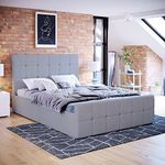 Vida Designs Valentina Double Ottoman Bed, 4 Foot 6 Bed Frame Storage Lift Upholstered Fabric Headboard Bedroom Furniture, Light Grey Linen