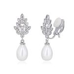 QUKE Women Leaf shape Cubic Zirconia Crystal Simulated Pearl Dangle Bridal Clip On Non Pierced Earring Lady Jewellery