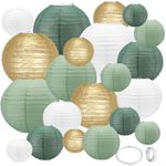 21Pcs Sage Green Paper Lanterns,4"6"8"10"12" Hanging Round Paper Lanterns Decorative with Tape and String for Bridal Shower Baby Shower Wedding Birthday Party Engagement(Gold Ivory Sage Green 21pack)