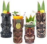 Tiki Mugs Cocktail Set of 4 - Large Tumblers Ceramic Hawaiian Luau Party Mugs Drinkware, Cute Exotic Cocktail Glasses, Tiki Bar Professional Hawaiian Party Barware, TKSET0005…