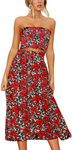 Angashion Women's Floral Crop Top Maxi Skirts Set 2 Piece Outfit Dress 2134 Red S