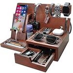 LOVY Wood Phone Docking Station Phone Smart Watch Earbuds Tablet Stand Nightstand Organiser Gift for Him Dad Birthday Gift Men Birthday Gift Anniversary Present Key Holder Wallet Stand (With Drawer)