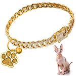 Hillban Cat Collar Diamond Chain Glitter Collar Walking Metal with Secure Buckle Cat Pet Necklace with Paw Charm Link Cuban Jewelry Accessories with ID Tag Bell(8 Inch,Gold)