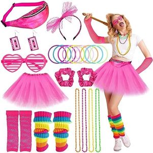 Fuguan 26Pcs 80s Costume Accessories Set for Women Neon Leg Warmer Tutu Skirt Lace Headband Bracelet Earrings for 80s Party