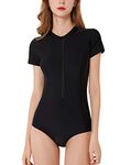 FEOYA Rash Guard Women One Piece Short Sleeve Rashguard Swimsuit High Neck Zip Printed UPF 50+ Swim Surfing Bathing Suits Black