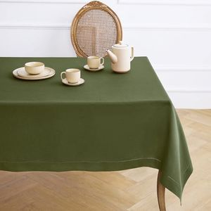 Solino Home Olive Linen Tablecloth 60 x 156 Inch - 100% Pure Linen Classic Hemstitch Table Cloth for Rectangle Tables - Machine Washable Tablecloth for Wedding, Parties, Fall