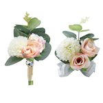 JaosWish 2PCS Flower Wrist Corsage Boutonniere Set Artificial Peony Rose Corsage Set Handmade Bride Wristband Men Boutonniere for Groom Wedding Party Prom Suit (Light Pink + Ivory)