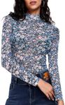 BemorRun Women Mesh Top Floral Mesh Long Sleeve Tops Mock Neck See Through Tops Fitted Sexy Going Out Tops(Light Blue,S)