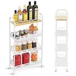 KINGRACK 4-Tier Slim Rolling Cart with Wooden Tabletop,Mobile Metal Utility Storage Cart,Slide Out Narrow Cart for Tight Spaces on Bathroom Kitchen Laundry Room Bedroom Apartments Dormitory, White