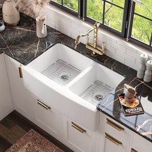 DeerValley Double Bowl Farmhouse Sink Farm Kitchen Sink Apron Front Double Bowl White Ceramic Kitchen Sinks Drop in Fireclay Sink (Smooth White, 33"L x 21")