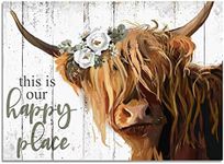 Highland Cow Wall Art - This Is Our Happy Place Inspirational Canvas Poster for Home - Long Haired Scottish Cow with White Flower Picture Farmhouse Kitchen Decor Framed (10"x15")