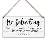 Wood Hanging Decor Sign, No Soliciting, Welcome Friend Family Neighbor, Rustic Wood Front Door Plaque Wall Art Decor Gift, 10" x 5" Wood Decor Hanging Sign for Porch Yard Garden Home Farmhouse-03