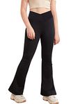 Girl's Leggings Cross High Waisted Flare Pants Yoga Bootcut Pants Solid Color Full Length Bell Bottoms, Black, 13-14 years