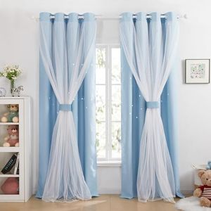 Deconovo Rideaux occultants pour Chambre avec œillet, Rideaux pour Chambre d'enfant, Double cen Transparents, Rideaux étoiles ajourés, 140×200 CM, Bleu, 2 Pièces