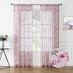 Tollpiz Sheer Curtain Pink Flower Leaf Printed Floral Embroidered Living Room Curtains Sheer Rod Pocket Voile Faux Linen Window Curtain for Bedroom, 54 x 72 inches Long, Set of 2 Panels