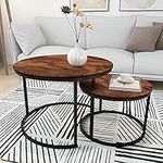 HOMERECOMMEND Round Nesting Coffee Table Modern Nesting Side Set of 2 End Table for Living Room,Round Wooden Accent Coffee Table with Solid Powder-Coated Metal Frame, Rustic Brown/Black