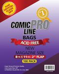 100ct Magazine Size Comic Book Sleeves - Premium Comic Book Bags - ComicProLine (New Magazine Size - 8 7/8" X 11 1/8" with 2" Flap)