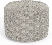 SIMPLIHOME Coates 18 Inch Contemporary Round Macrame Pouf in Cloud Grey Cotton, For the Living Room, Bedroom and Kids Room