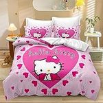 BatTtx The Girls Hello Cat Printed Quilt Cover,3 Piece 3D Kitty Flowers Printed Microfiber Bedding Set with Pillow Case,Gifts for Boys Girls Bedroom,1 Duvet Cover with 2 Pillowcases