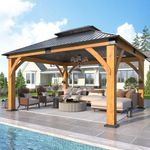 COVERONICS 13’x 15’ Outdoor Spruce Wood Gazebo - Patio Hardtop Gazebo Permanent Wooden Pavilion with 2 Shelves, Galvanized Steel Double Roof Wooden Gazebos for Garden, Porch, Lawn, Poolside, Backyard