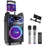 Moukey Karaoke Machine,10 Inch Subwoofer PA System,Bluetooth Speaker with 2 Wireless Microphones,Tablet Holder,Disco Lights,Remote,Wheels,Supports Bass/Treble Adjustment,TWS/REC/AUX/MP3/USB/FM/TF