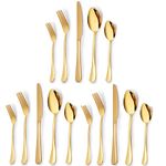 YELONA Set of 15 Premium Golden Daily Use Cutlery Stainless Steel Luxury Dinnerware Flatware Serving Dinner Spoon Fork Knife Reusable Mirror Finish for Home Kitchen Dining Table and Gifts