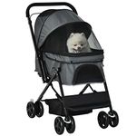 PawHut Dog Stroller, Pet Stroller, Foldable Dog Cat Travel Pushchair with Reversible Handle, EVA Wheels, Brake, Basket, Adjustable Canopy, Safety Leash, for Small Dogs, Grey