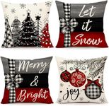 ALINK Christmas Throw Pillow Covers 18 x 18 Inch Set of 4, Xmas Tree Winter Farmhouse Holiday Merry Bright Cushion Case for Home Couch Decoration