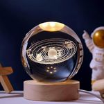 FLYNGO 3D Solar System Crystal Ball Night Lamp, Creative Engraved Night Light for Kids Room, USB Table LED Lamp with Woodern Base, Light for Home Office Decoration Birthday Gift (Solar System)