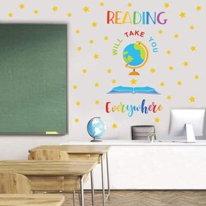 IARTTOP Reading Wall Decals for Classroom Decor，Colorful School Read Books Letters Wall Stickers，Inspiring Saying Reading Will Take You Everywhere Stars Globe Wall Art for School Library Decor