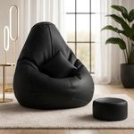 Biggie Bean Bag with Beans Filled 4XL Bean Bag with Free Cushion and Footrest - Official : ElegantPuffPod Combo (Matching Color : Regular, Black), Faux Leather