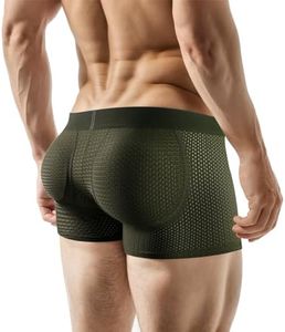 JOCKLAND Mens Padded Underwear, Breathable Mesh Boxer Brief Body Shapewear Butt Lift Enhancer with Hip Removable Pad Green