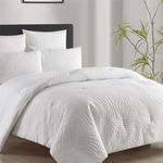 YASMENG 3pcs Jacquard Embossed Leaf Comforter Set Queen White Ultrasonic Embroidered Bedding Set Boho Down Alternative Modern Farmhouse Soft Lightweight Fluffy Duvet Quilt Comforter for All Seasons