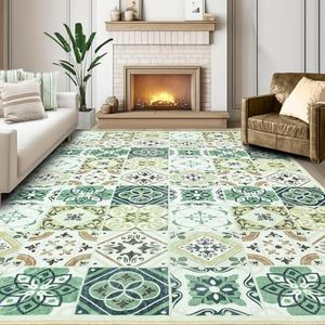 RTBQJ-AT Geometry Flower Living Room Rugs 140X200 Green Beige Gray Boho Block Stitching Carpet Non Slip Rug Washable Shaggy Rugs for Living Room Bedroom Fireplaces