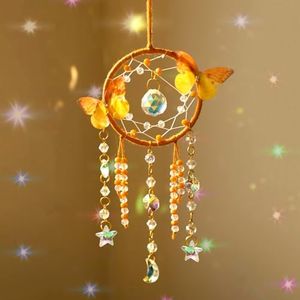 Artilady Dream Catcher for Girls - Butterfly Small Yellow Dream Catchers with Crystals Cute Room Decor for Teen Girls Boys Boho Bedroom Wall Home Decorations Birthday Christmas Women Gifts