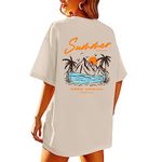 KEEVICI California T Shirt Beach Oversized Graphic Tees for Women Vintage Adventure Shirts Baggy Summer Cotton Vacation Tops, Apricot, Large