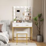 Lifewit Vanity with Mirror and Lights, Adjustable Color/Brightness, White Makeup Desk with 2 Drawers and Stool for Bedroom, Bathroom, Makeup Room