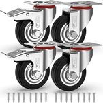 GBL 3'' Heavy Duty Caster Wheels with 2 Brakes + Screws - up to 440Lbs - Set of 4 No Floor Marks Silent Castor for Furniture - Rubbered Trolley Wheels - Silver Casters