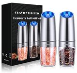 Gravity Electric Salt and Pepper Grinder Set,Battery Salt Pepper Grinder,Automatic Salt and Pepper Mills with Blue Light,Adjustable Coarseness,One Handed Operation,Cleaning Brush(Silver, 2pcs/Pack)