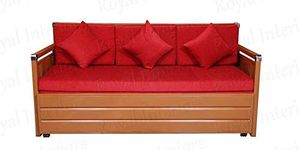 Royal Interiors Rehanog 3 Seater Metal Sofa Cum Bed with Hydraulic Storage | Single Size Sofa Cuma Bed | 3 Seater Sofa Set, Metal Sofa Set for Living Room (Brown Finish with Red Cushion)