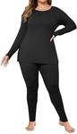 Ekouaer Plus Size Womens Long Underwear Set Oversize Thermal Set Lightweight Base Layer Pajamas 2 PCS Warm Tops & Bottom Black 18W