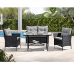 EVRE Anthracite Florence Garden Rattan Furniture Set 4 Piece Seat 1 Sofa 2 Chair Dining Outdoor Conservatory Wicker Weave Lounge Sofa and Glass Top Table with Cushions