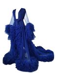 BATHGOWN Tulle Robe Dressing Gown Perspective Sheer Long Puffy Pregnancy Photoshoot, Klein Blue, Small