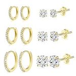 ALEXCRAFT Gold Earrings Set, 6 Pairs 14K Real Goldplated Hoop Earrings Set for Women, Shiny AAA+ Diamond Zirconia Hoops Mini Ball Studs Small Gold Eairrngs, Hypoallergenic Cartilage Huggie Earrings