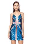 ANNA-KACI Women's Spaghetti Strap UK Flag British Ginger Power Costume Shine Sequin Dress, Blue, Medium