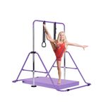 XJYMCOM Gymnastics Bar With Mats,Adjustable Gymnastics Bar Training Kip Bar Gymnastics Equipment kids Gymnastics Bars for Home,With Gymnastics Grips Wristbands & Ground Nail, Height 31.5-51" Purple